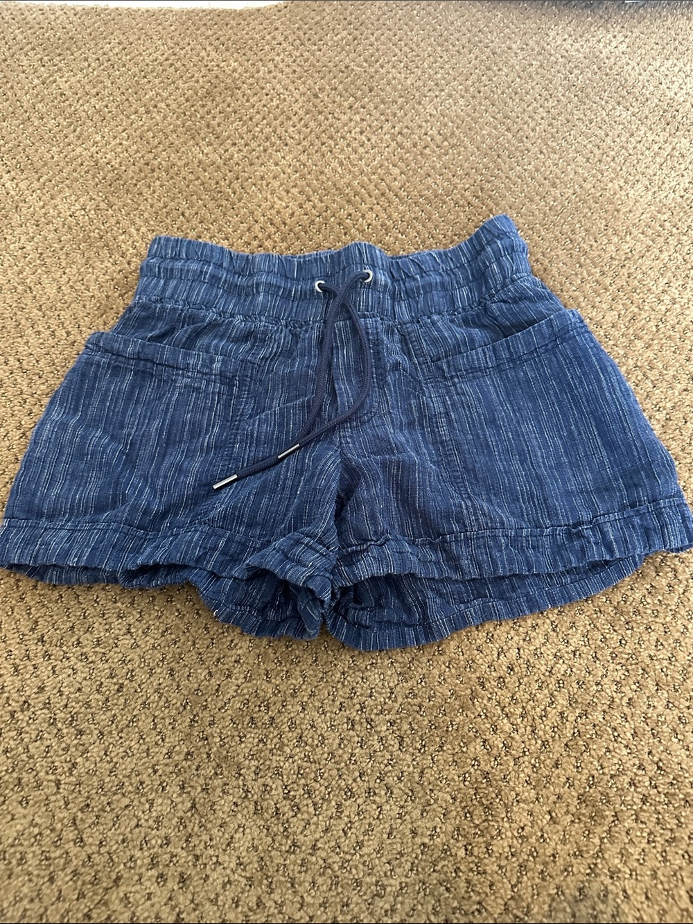 Athleta Navy Stripe High-Waist Drawstring Shorts